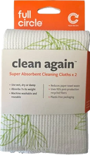 Load image into Gallery viewer, Full Circle Clean Again Super Absorbent Cleaning Cloths 2pk Use wet, dry, or damp, Absorbs 7 times its weight, Machine washable, Reduces towel waste, Eco friendly; made of 95% post production recycled materials, Plastic free packaging