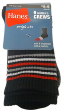 Load image into Gallery viewer, Hanes women's crew socks packaging with striped design on a white background