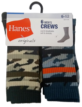 Load image into Gallery viewer, Hanes Originals 6 Men's Crew Socks are designed to fit shoe sizes 6 to 12 perfectly. These durable socks offer a soft, breathable fabric blend that keeps your feet dry and comfortable, whether you're at work or on the move. Their classic crew length provides versatile style and reliable support, making them an essential addition to your everyday wardrobe. 