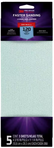 3M Pro Grade Drywall 120 grit Heavy Duty Sand Paper 5 Count.  Perfect for sanding drywall, joint compound, and spackling paste. Durable and tear resistant, and capable of wet and dry sanding. 