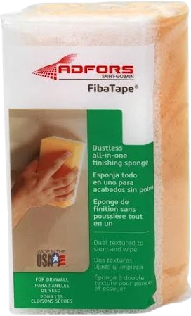 Adfors Saint-Gobain FibaTape all-in-one Finishing Sponge with angled edge, and dual textured to sand and wipe, white and orange.