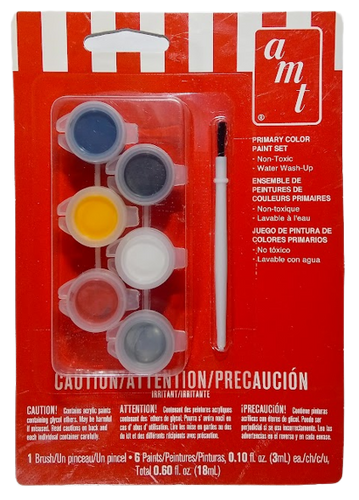 Amt Primary Color Set with six paint pots, and six colors: blue, yellow, red, black, white, and silver. 