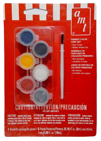 Amt Primary Color Set with six paint pots, and six colors: blue, yellow, red, black, white, and silver. 
