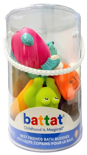 Set of colorful bath toys in a Battat branded container