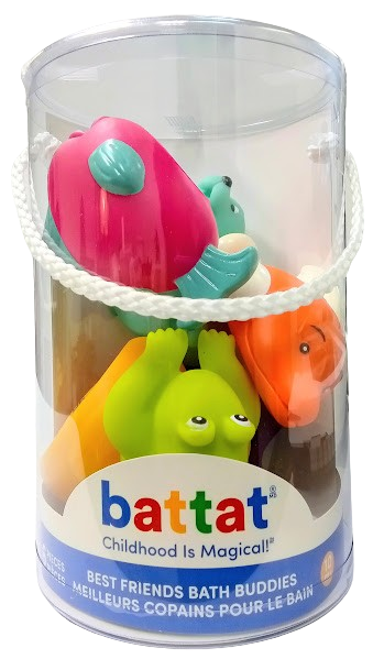 Set of colorful bath toys in a Battat branded container