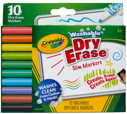 Crayola Dry Erase Slim Markers in red, orange, yellow, lime, green, teal, light blue, dark blue, brown, and black.