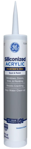 Siliconized acrylic sealant tube with GE logo on a white background, GE Acrylic Caulk, GE Caulk, GE, Caulk.