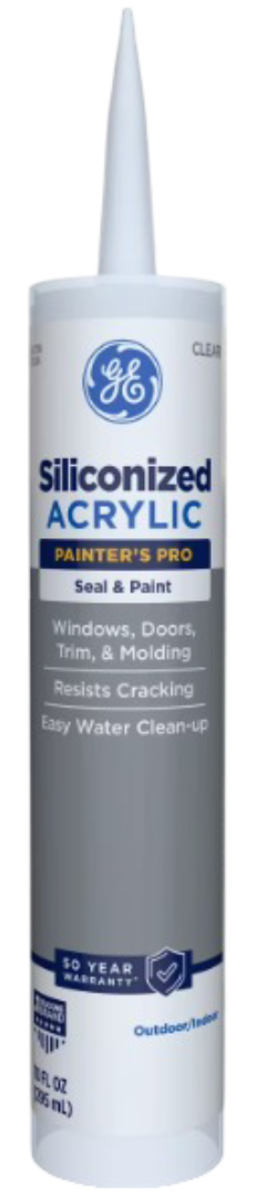 Siliconized acrylic sealant tube with GE logo on a white background, GE Acrylic Caulk, GE Caulk, GE, Caulk.