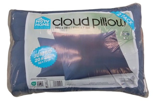 Packaged cloud pillow with HGTV Home branding on a white background