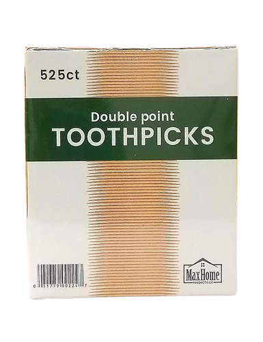 Pack of double point toothpicks with 'Max Home' branding and toothpicks on front