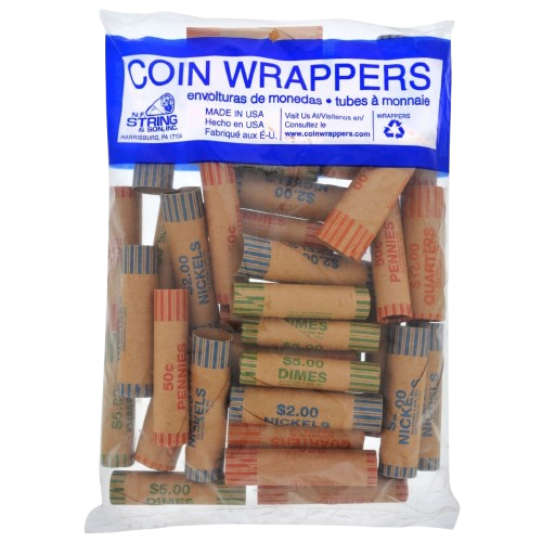Pack of brown coin wrappers with red, blue, green, and orange details for pennies, nickels, dimes, and quarters respectively.