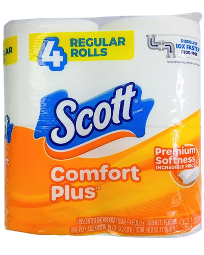 Scott Comfort Plus toilet paper package with four rolls on a white background
