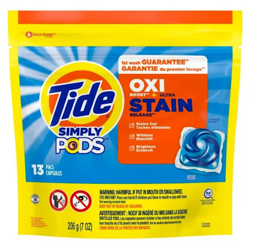 Tide Simply Pods Oxi Boost + Ultra Stain Release 13 ct.Detergent packs  that gets tough strains out, whitens and brightest clothes.
