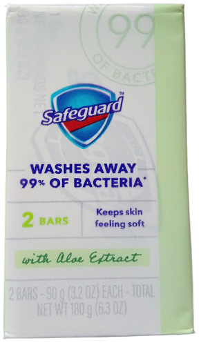 Safeguard Bar Soap w/ Aloe Extract (2 Bars). Washes away 99% of bacteria, leaves skin soft. With aloe extract.