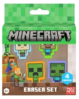 Minecraft eraser set packaging with characters and 'Minecraft' branding.