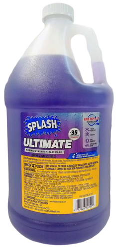 Gallon of purple 'Splash Ultimate' windshield washer fluid with a white cap.
