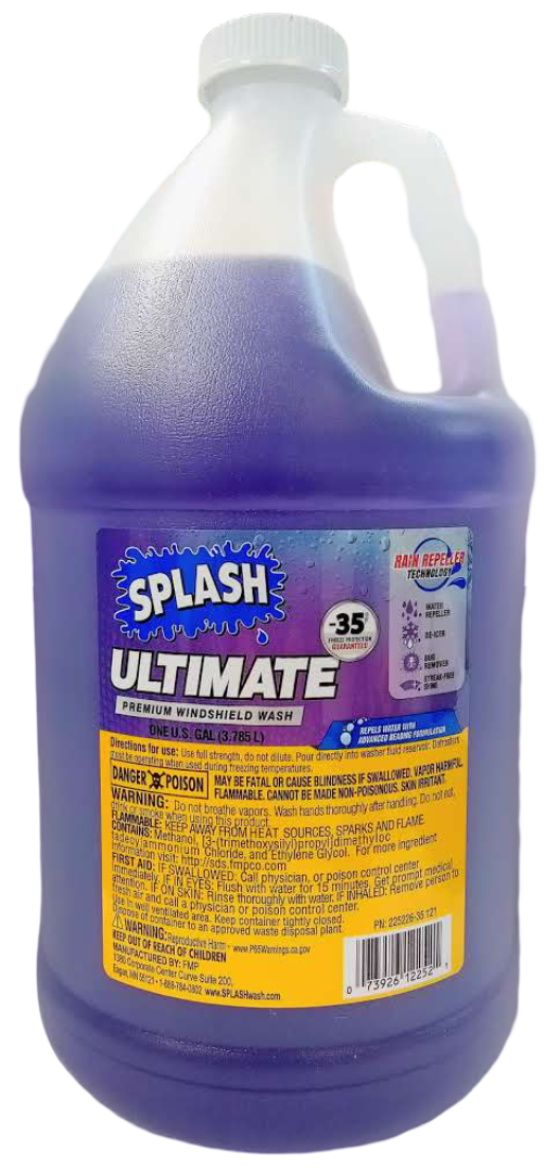 Gallon of purple 'Splash Ultimate' windshield washer fluid with a white cap.