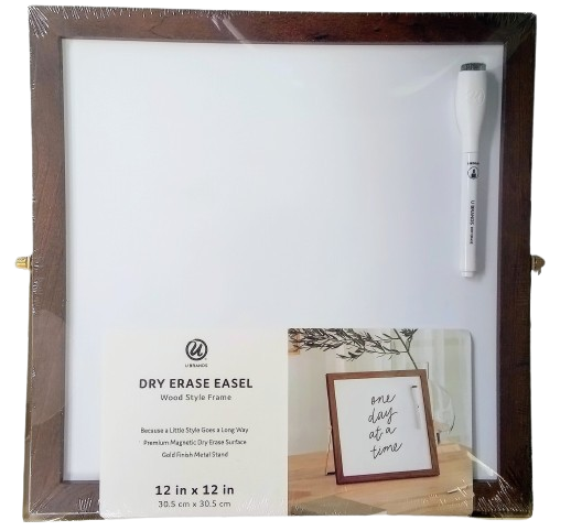 Dry erase easel with wooden frame and dry erase marker.