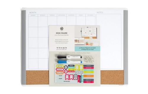 Whiteboard with cork strip, two dry-erase markers, and stickers.