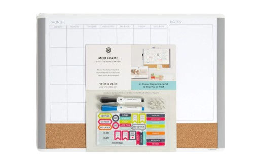 Whiteboard with cork strip, two dry-erase markers, and stickers.