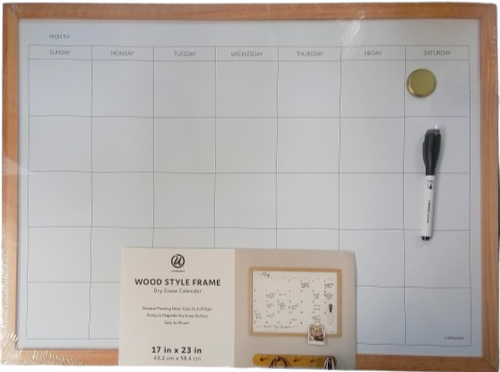 Whiteboard with wooden frame, calendar, dry erase marker