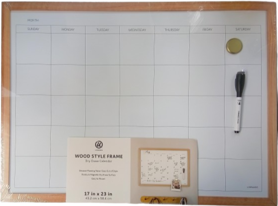 Whiteboard with wooden frame, calendar, dry erase marker