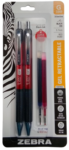 Zebra G-350 F Series 7.0mm Medium Point Retractable Gel Pens with Refills (Select Barrel Colors) Black and Red Ink Inside Pens, Blue and Red Ink inside Refills , Red