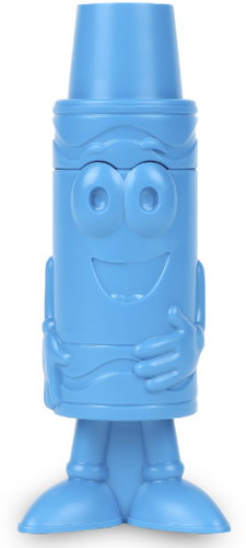 A blue Crayola crayon sharpener with a smiling face.