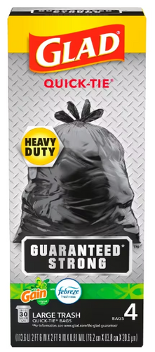 GLAD Trash Bags (Heavy Duty) 4pk 30 Gal . Guaranteed strong, large trash bags. Perfect for cleaning up tough jobs, inside or outside the house. Gain and febreze for order control.